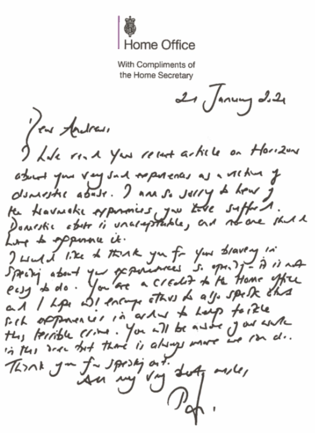 Handwritten note on ‘With Compliments of the Home Secretary’ paper, thanking Andrew Fleet for sharing his story.
