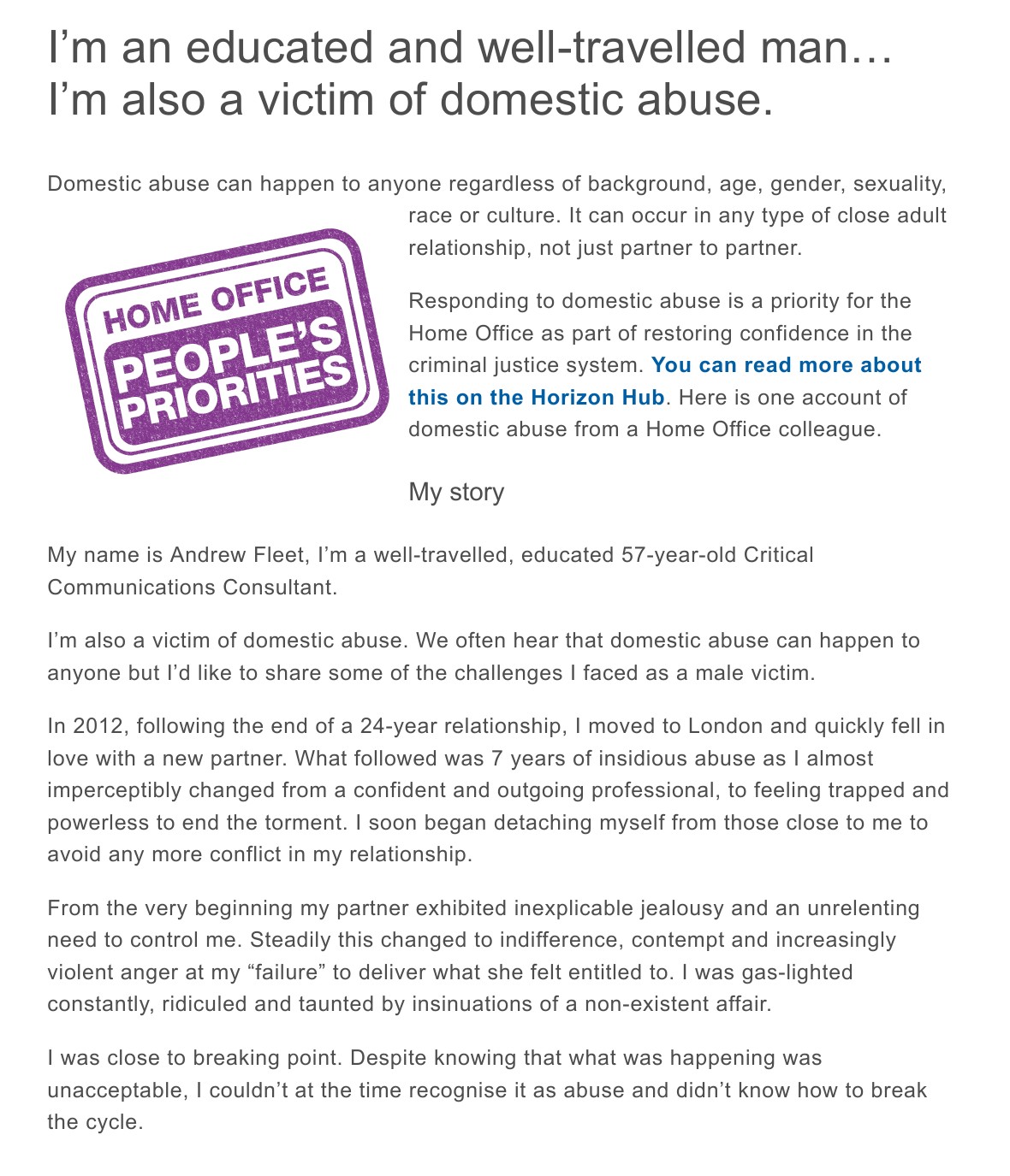 First page of Andrew Fleet’s 2021 Home Office Horizon blog post, titled ‘I’m an educated and well-travelled man… I’m also a victim of domestic abuse.’