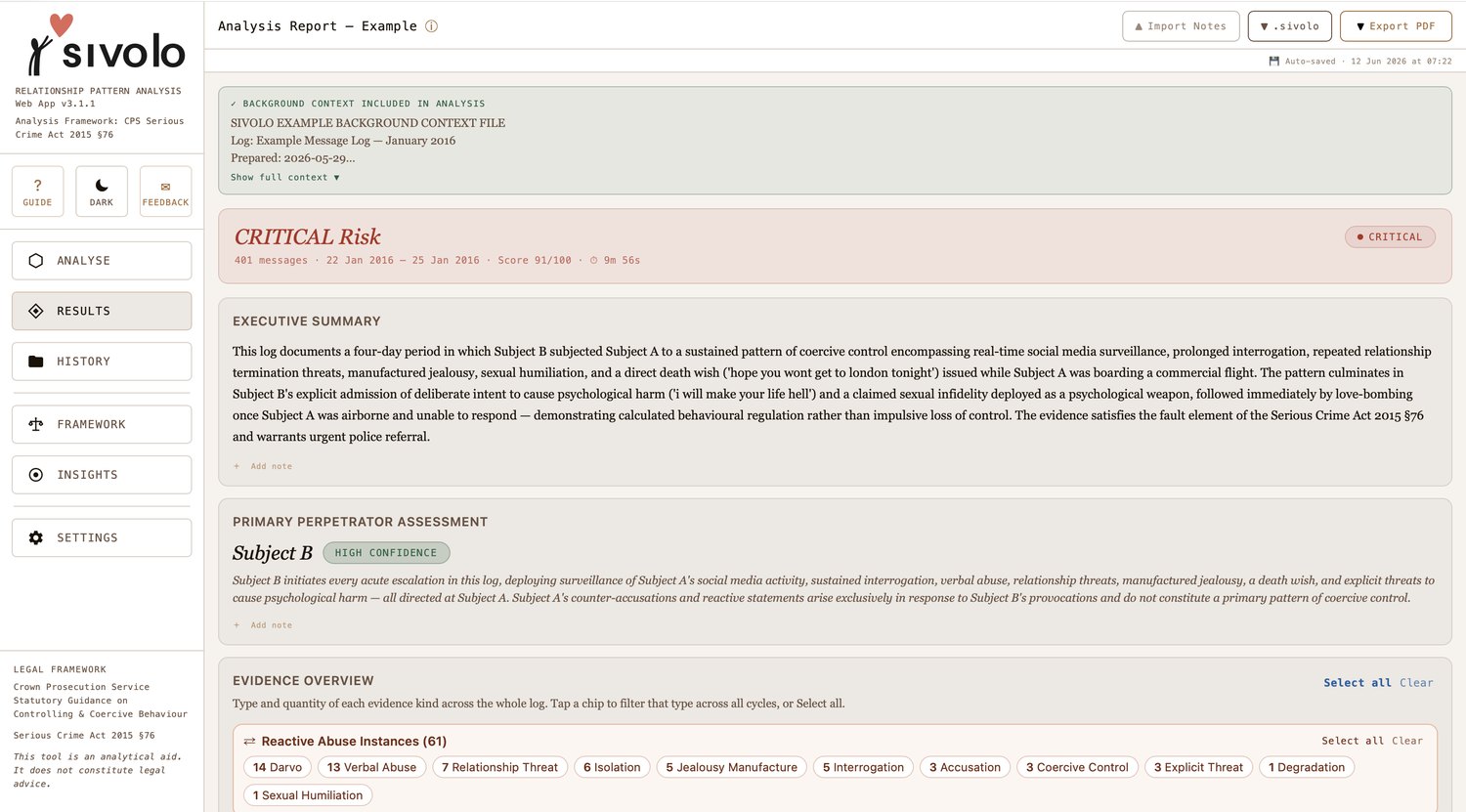 Sivolo running in a web browser — full analysis results on a larger screen