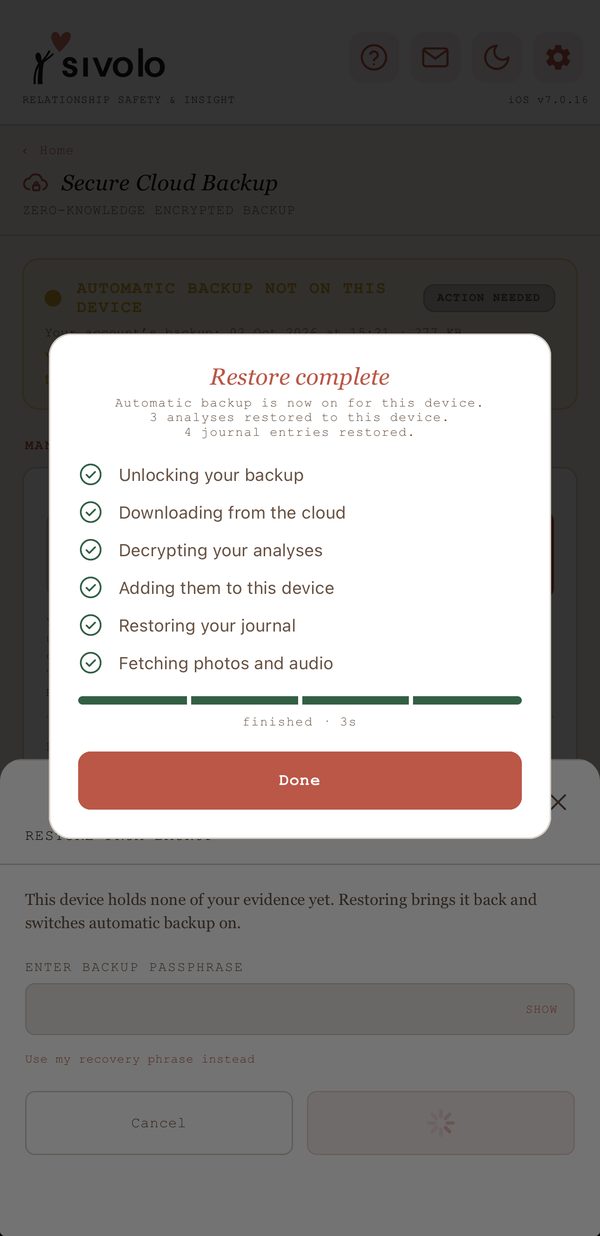 A Sivolo restore completing: analyses, journal entries, photos and audio restored