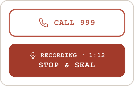 The Protect tile in capture mode: a Call 999 button above a coral Recording 1:12, Stop and Seal button