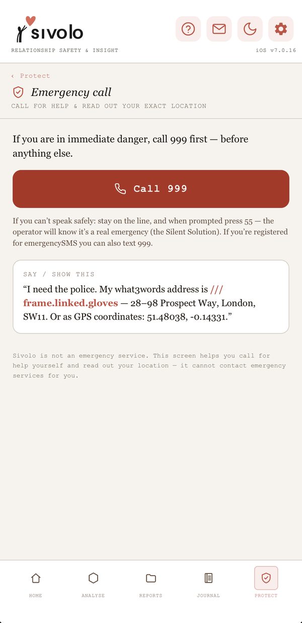 The Sivolo emergency call screen with a Call 999 button and the location ready to read out