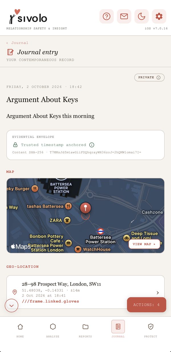A Sivolo journal entry with its trusted timestamp and a map of where it was written