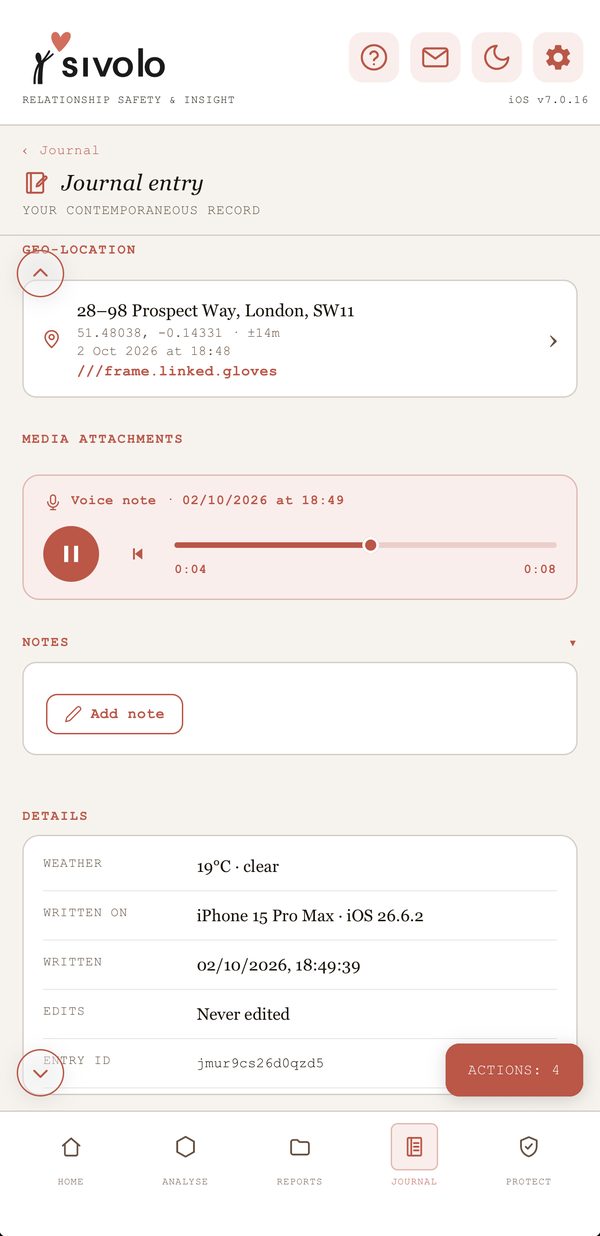 A Sivolo journal entry with its location, what3words and an attached voice note