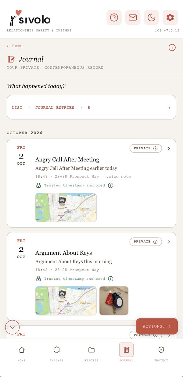 The Sivolo journal: dated private entries with a voice note, a photo and location, each with a trusted timestamp