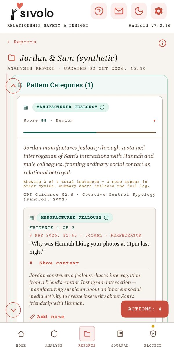 One pattern category opened: Manufactured Jealousy, score 55, Medium, with its CPS guidance reference and the first quoted message