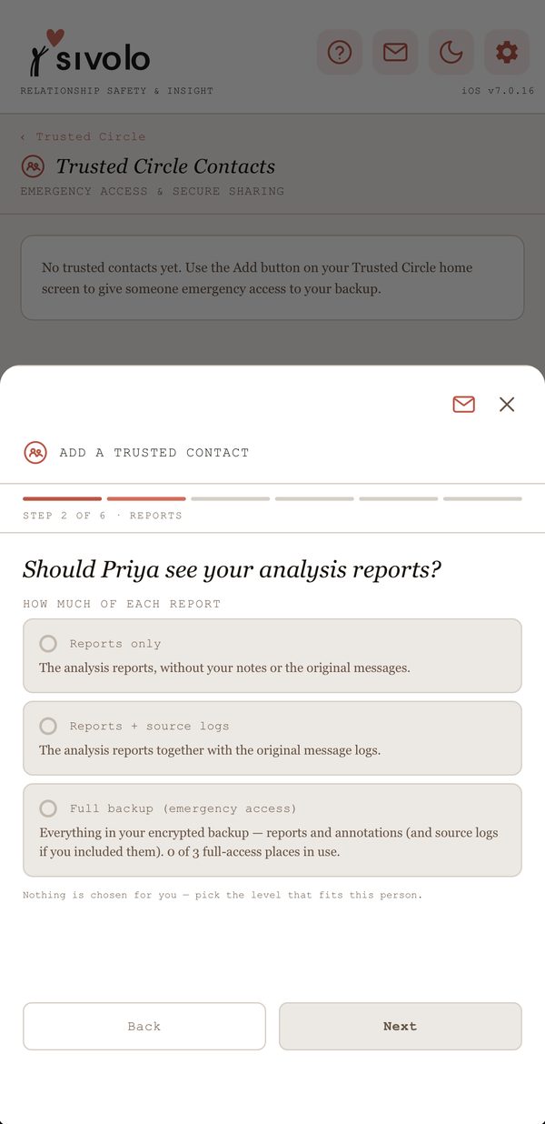 Choosing what a Trusted Circle contact can see: reports only, reports with source logs, or full backup