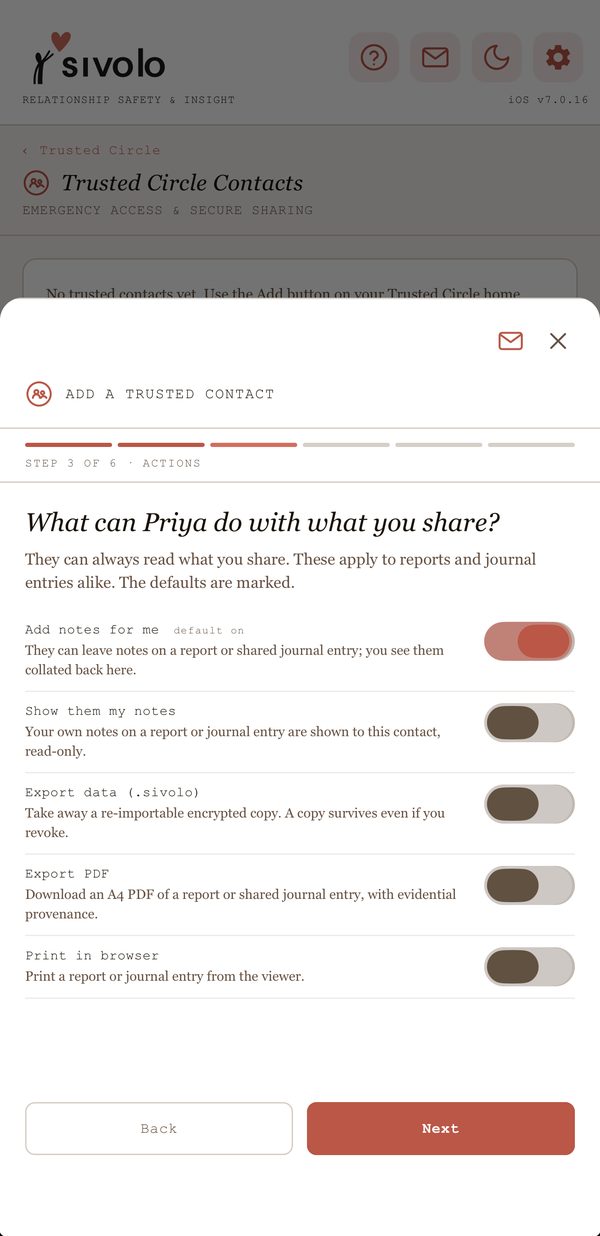 Setting what a Trusted Circle contact can do: add notes, see your notes, export or print