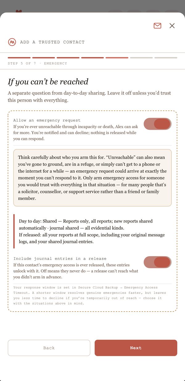 Arming emergency access for a Trusted Circle contact, with a clear warning about who to trust