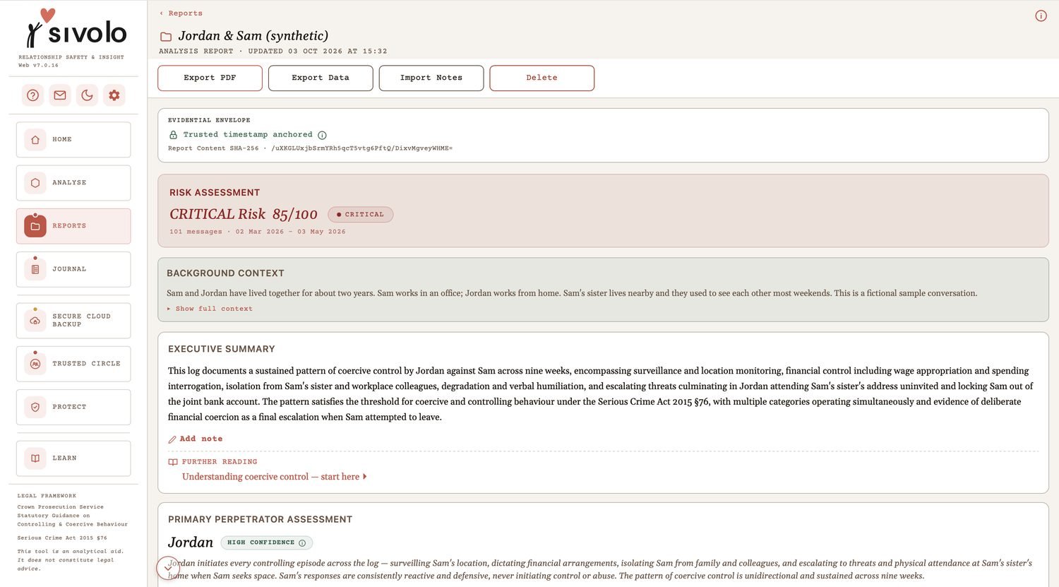 The same Sivolo report in a web browser: critical risk, score 85 out of 100, on a larger screen